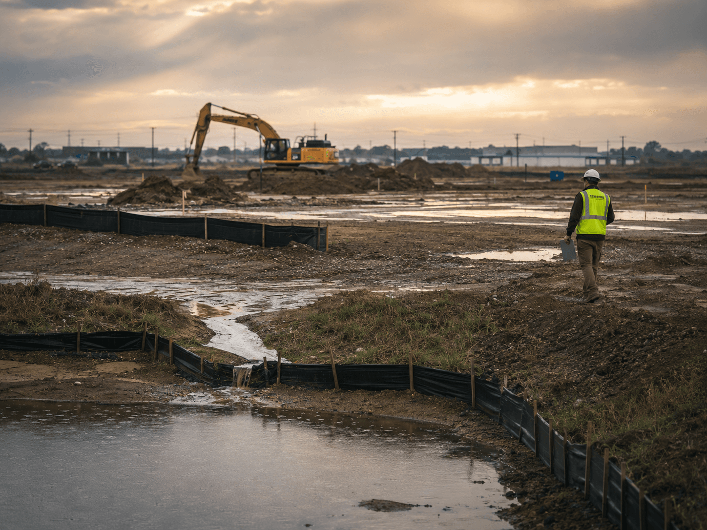 A Stormwater Compliant inspector walking the perimeter of a Texas construction site