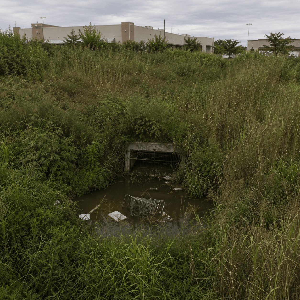 Neglected detention basin overgrown with weeds and debris before restoration
