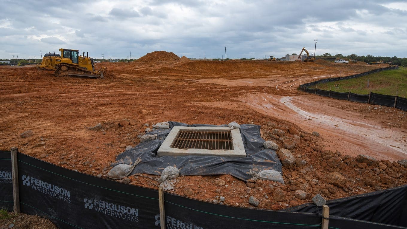 Texas construction site with silt fence and sediment controls installed for TXR150000 stormwater permit compliance