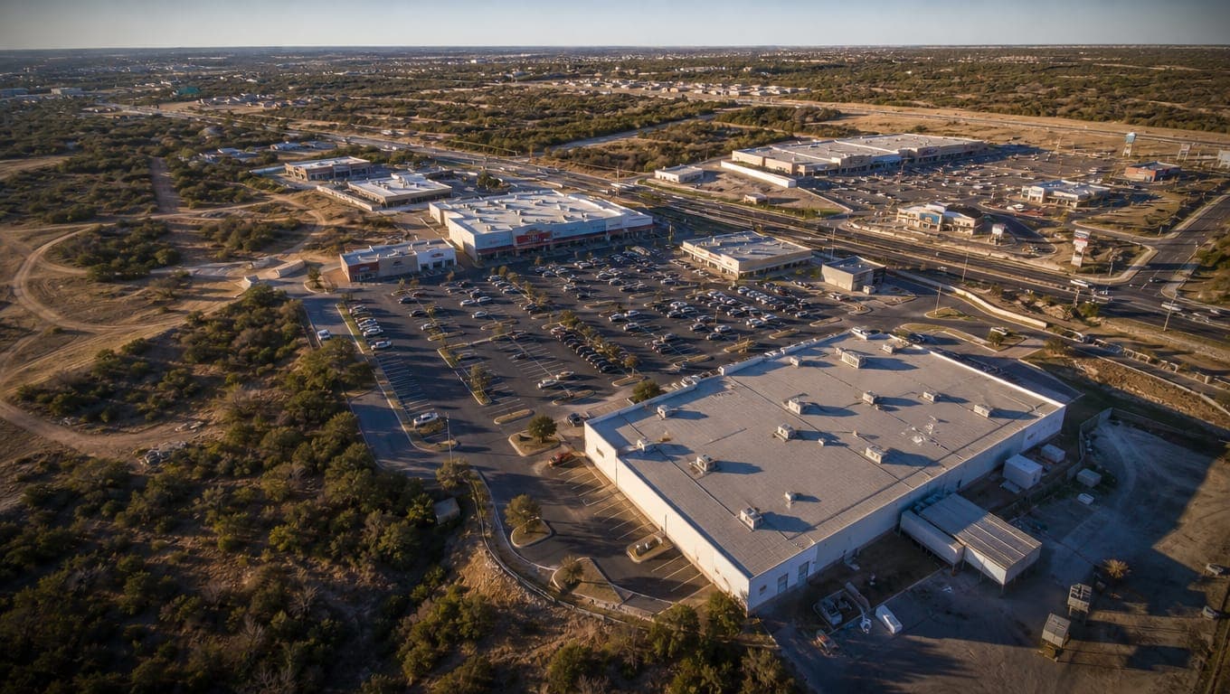 Aerial view of Bexar County commercial development with expansive impervious cover surfaces surrounded by natural Texas landscape
