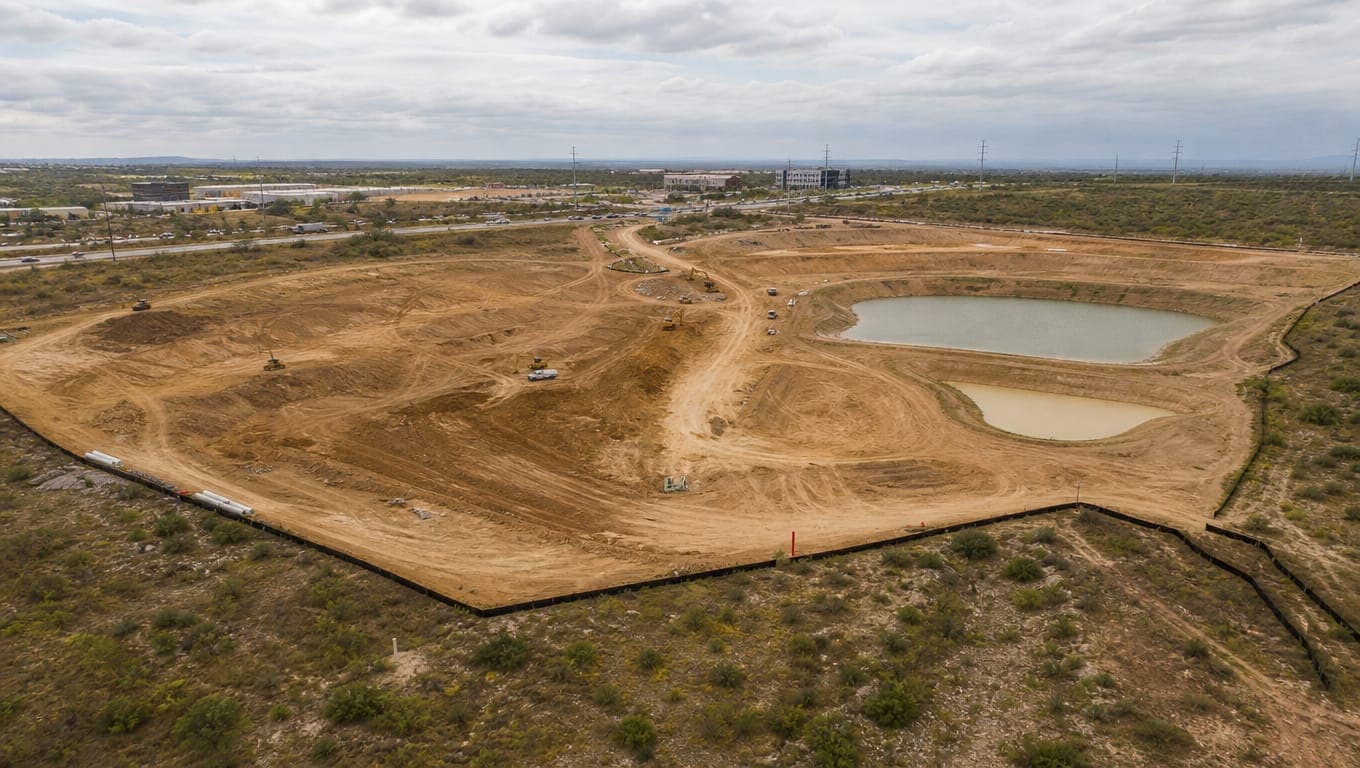 Bexar County post-construction stormwater permit site with graded earth, retention pond, and silt fencing on unincorporated land
