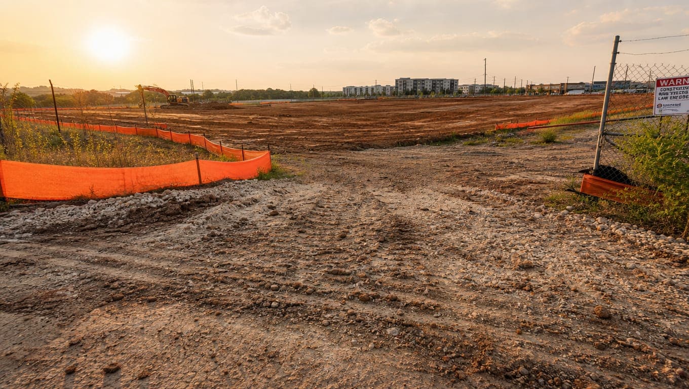 Construction site with silt fence and muddy stabilized exit showing common SWPPP violations in San Antonio