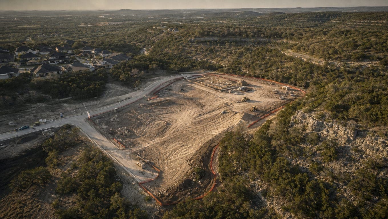 Construction site over Edwards Aquifer recharge zone in San Antonio with exposed limestone and erosion controls visible