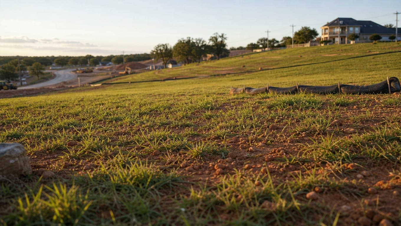 Final stabilization vegetative cover on a Texas construction site showing 70% grass growth for TCEQ Notice of Termination compliance