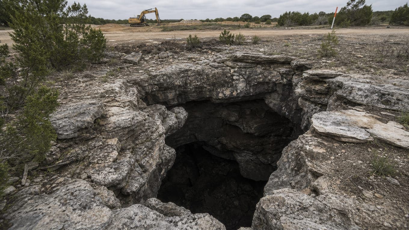 Limestone karst sinkhole and fractured rock formation on Edwards Aquifer Recharge Zone development site in Texas