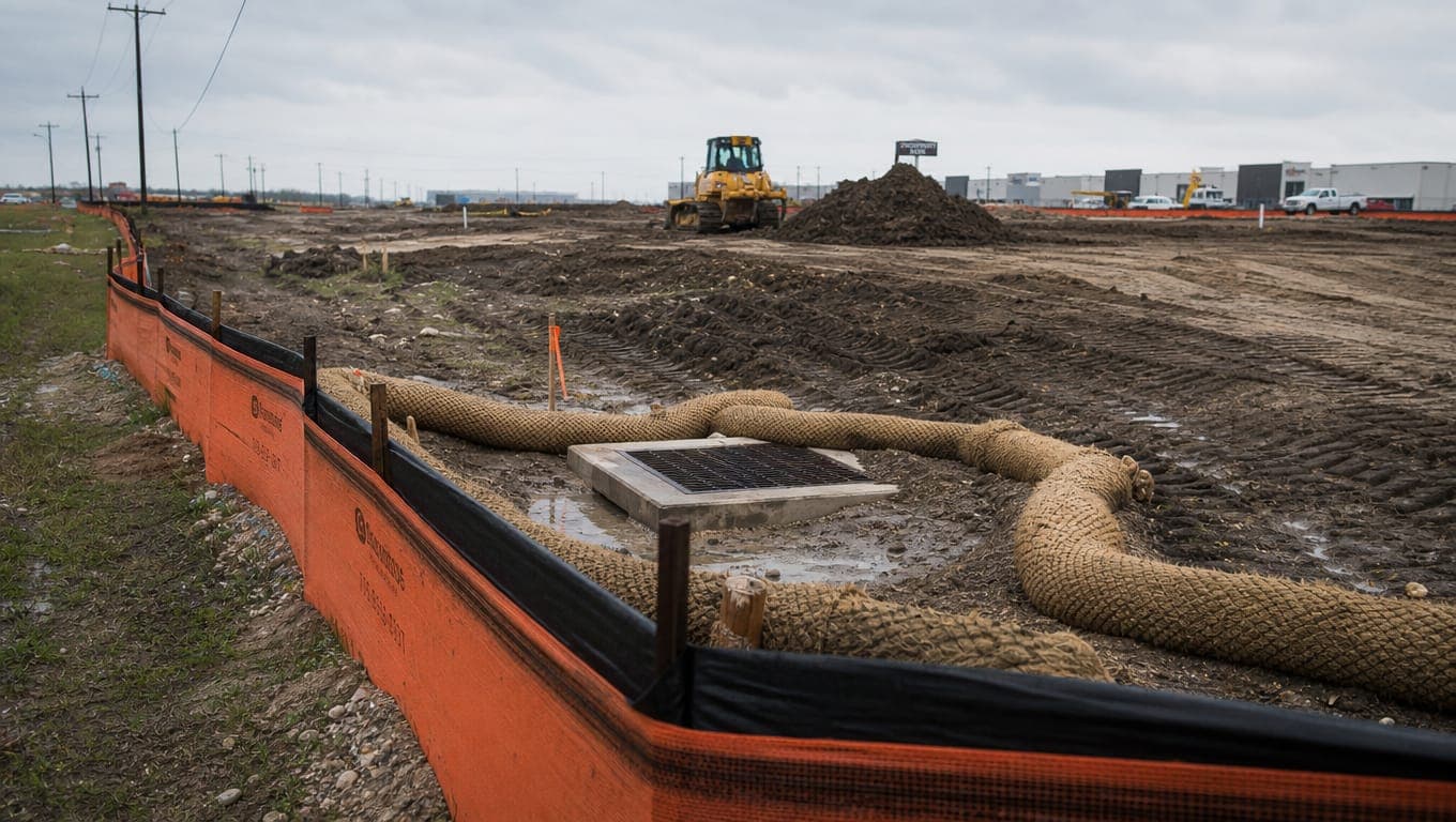 Multi-operator construction site with stormwater erosion controls including silt fencing and sediment barriers on graded soil