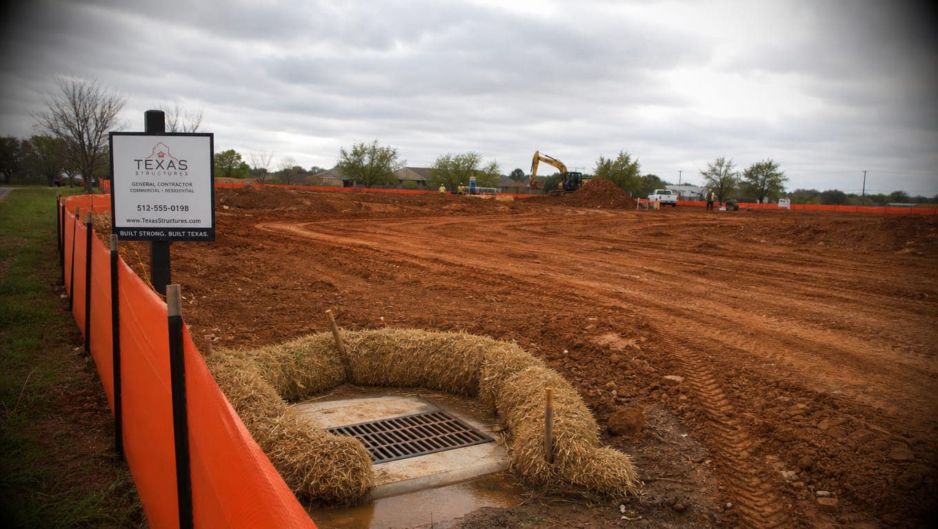 Active Texas construction site with exposed graded soil, silt fence erosion controls, and straw wattles near a storm drain inlet for SWPPP compliance