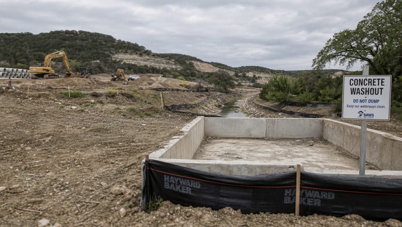 San Antonio construction site with silt fencing and sediment controls near Edwards Aquifer recharge zone terrain