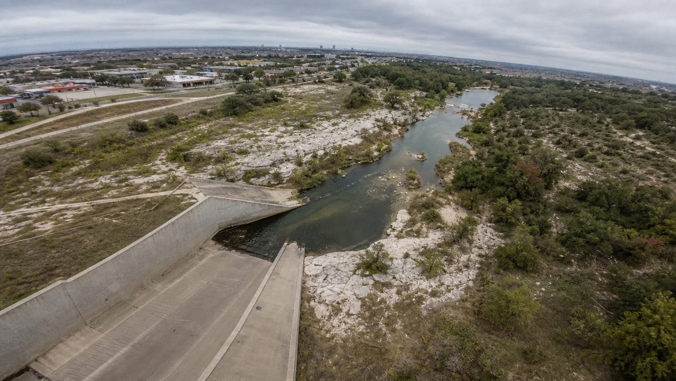 San Antonio stormwater channel draining into a creek over Edwards Aquifer recharge zone limestone terrain