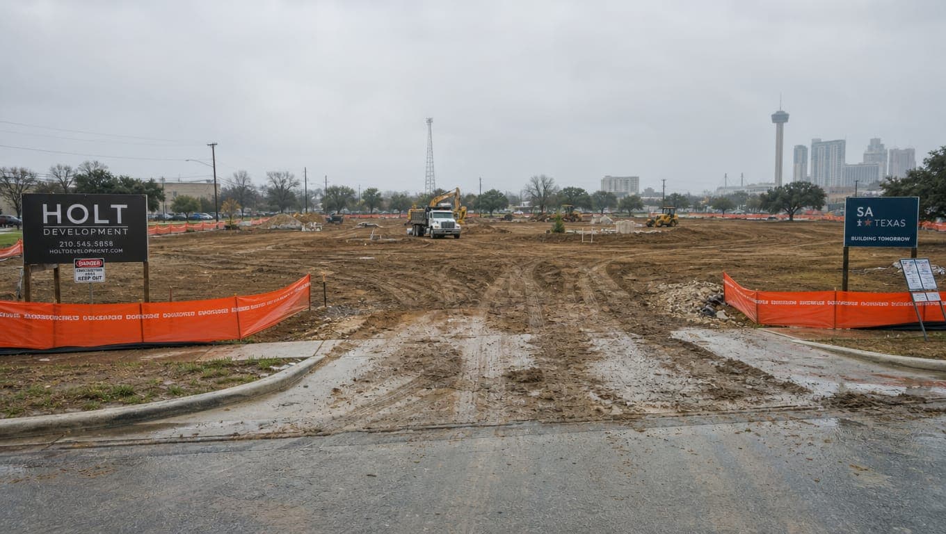 Active construction site with bare graded soil and silt fence erosion controls, representing SAWS 48-hour stormwater notification requirements