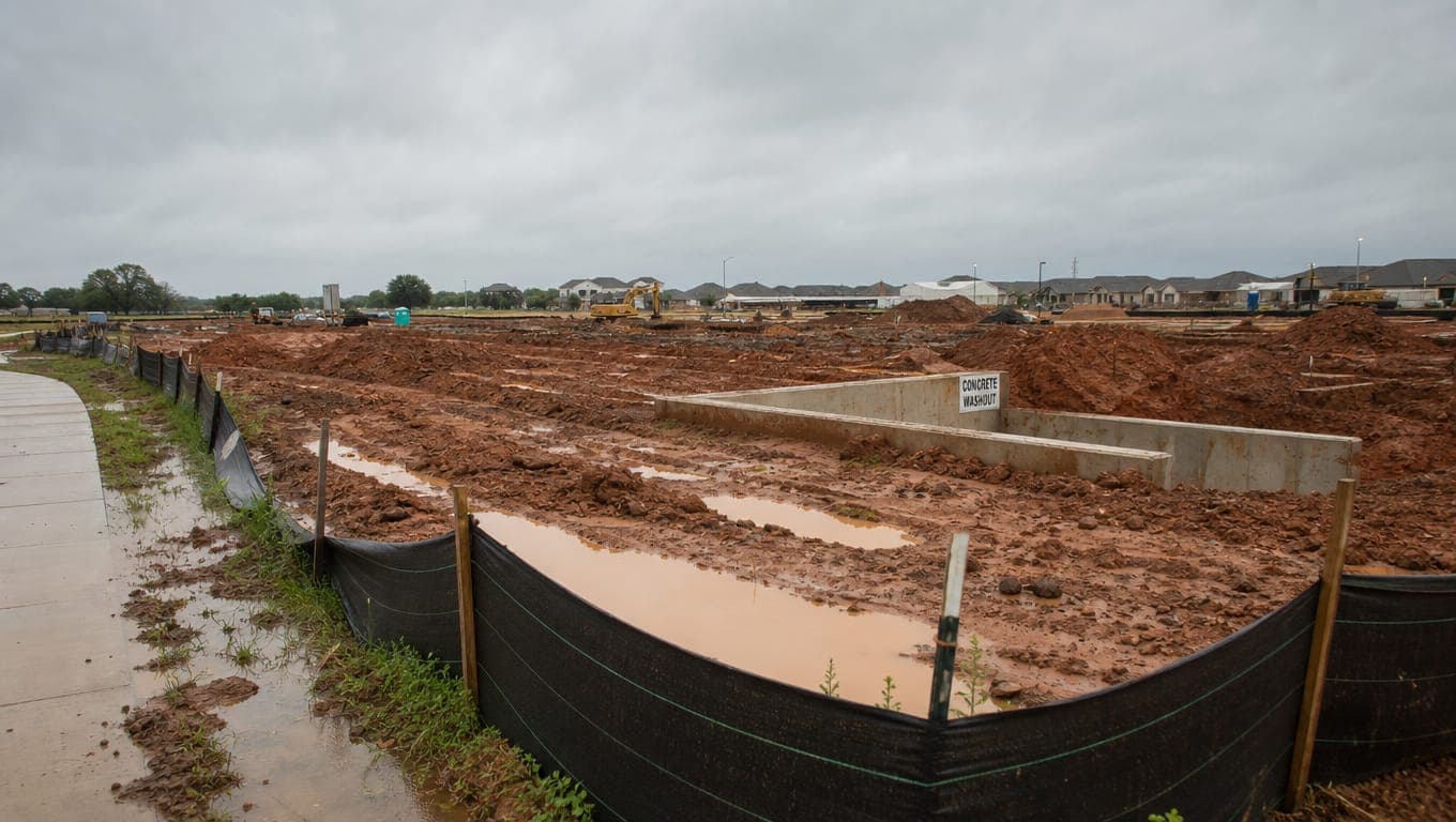 Construction site with silt fence erosion controls and exposed soil showing SAWS stormwater compliance measures in San Antonio