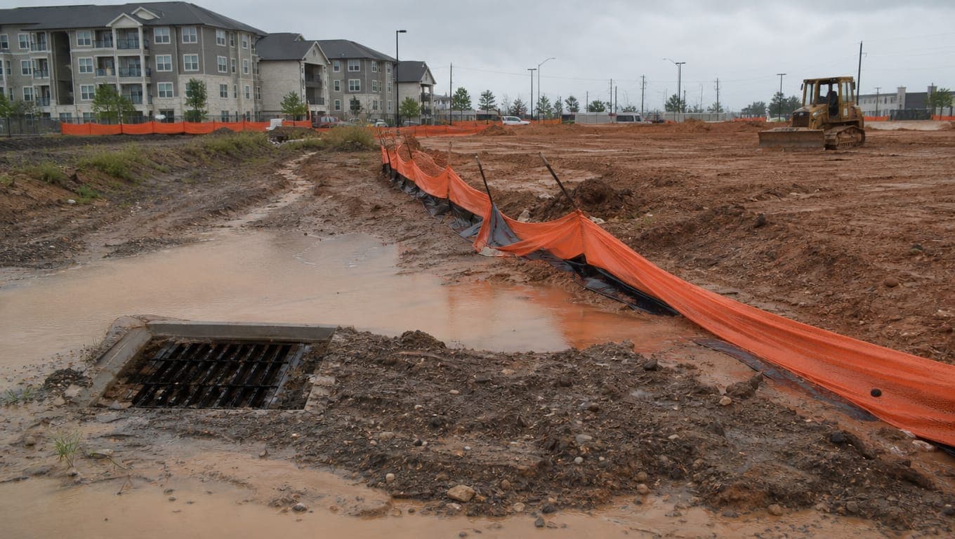 Muddy stormwater runoff near a storm drain at a San Antonio construction site with failed silt fence perimeter controls