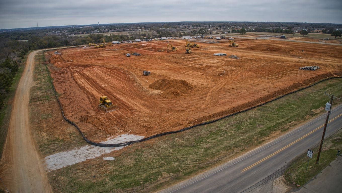 Large Texas construction site with disturbed earth and silt fence erosion controls, relevant to TCEQ stormwater NOI filing requirements