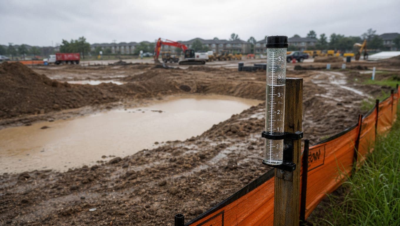 Rain gauge on a muddy Texas construction site with silt fence barriers after storm, relevant to SWPPP inspection frequency requirements