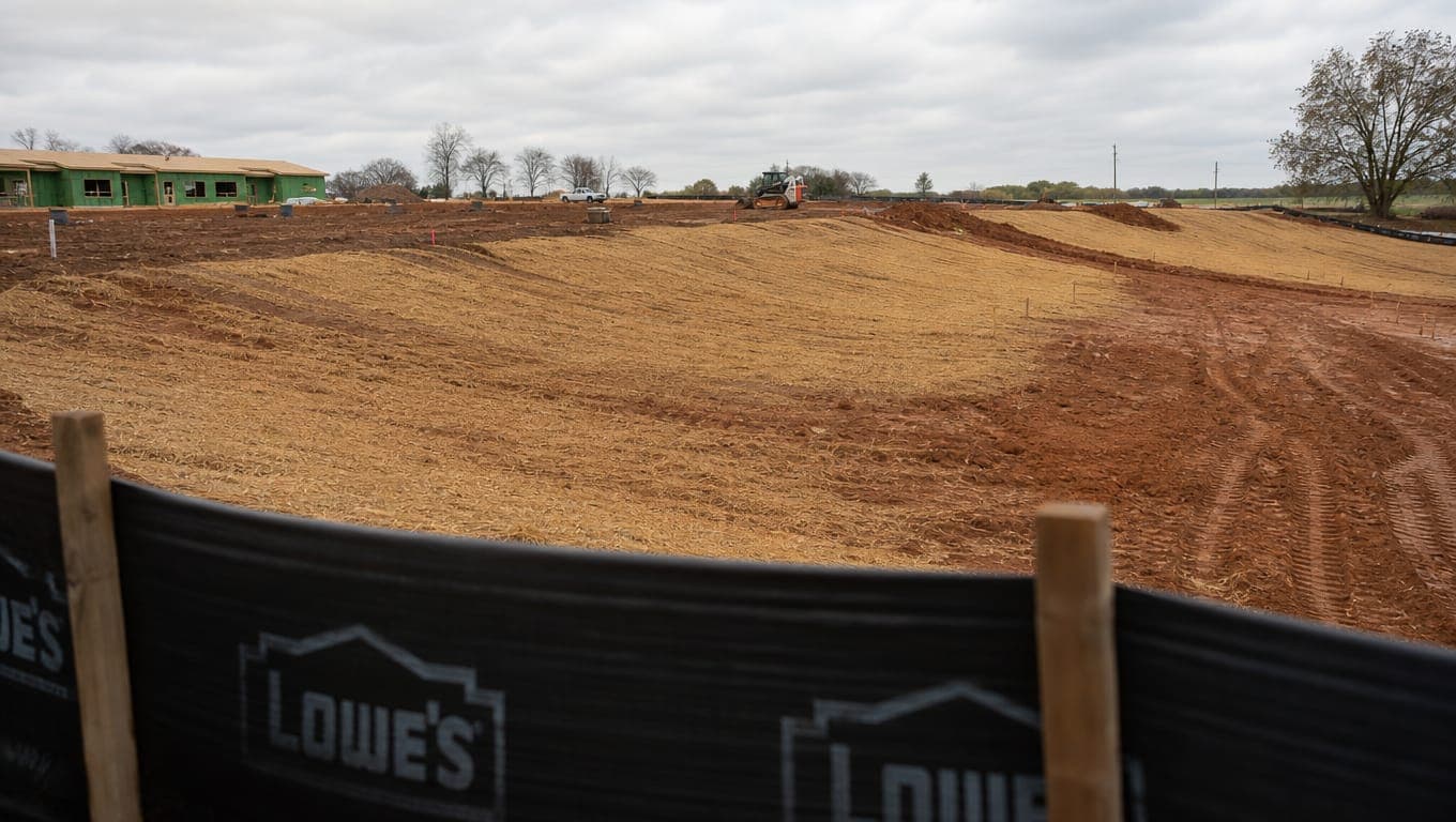 Bare soil construction site with erosion control silt fence and straw mulch stabilization measures under Texas stormwater SWPPP requirements