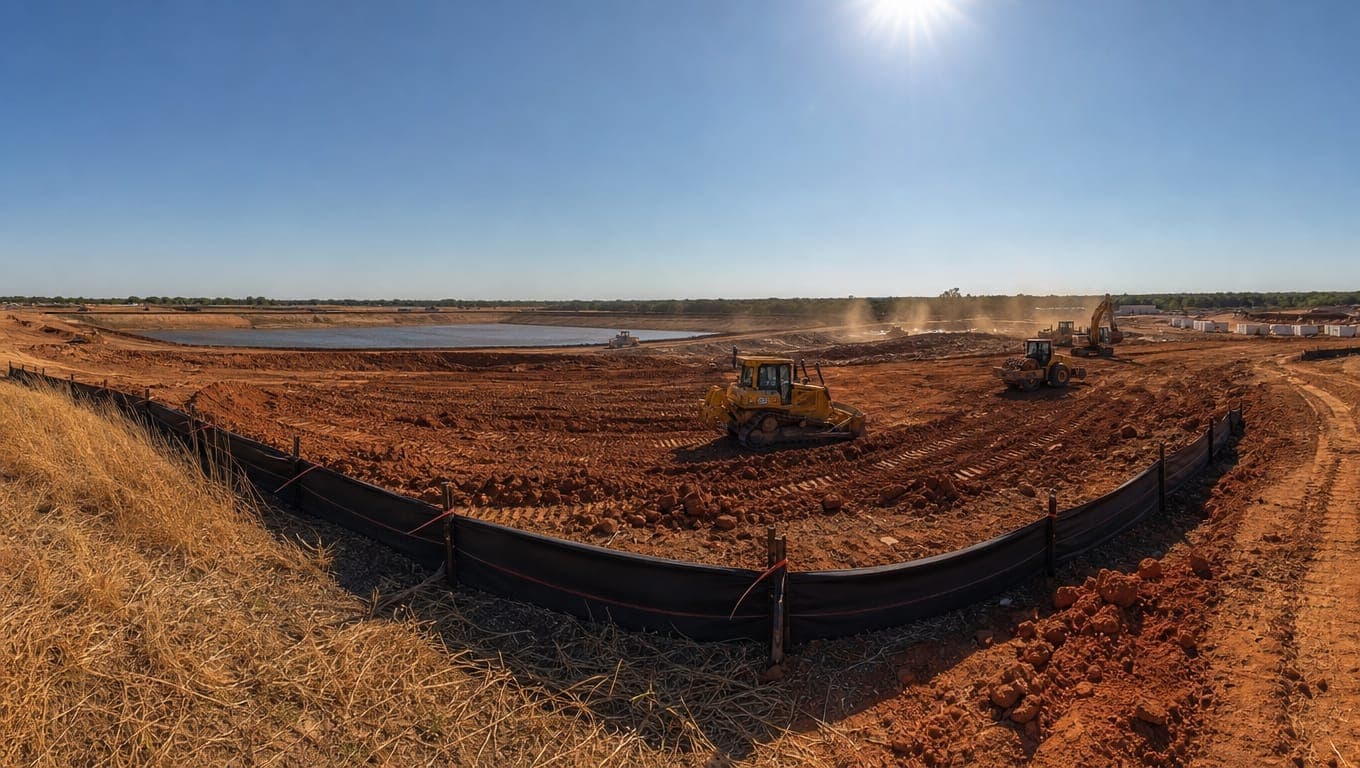 Texas construction site with silt fence erosion controls and disturbed soil, illustrating TCEQ SWPPP stormwater compliance requirements