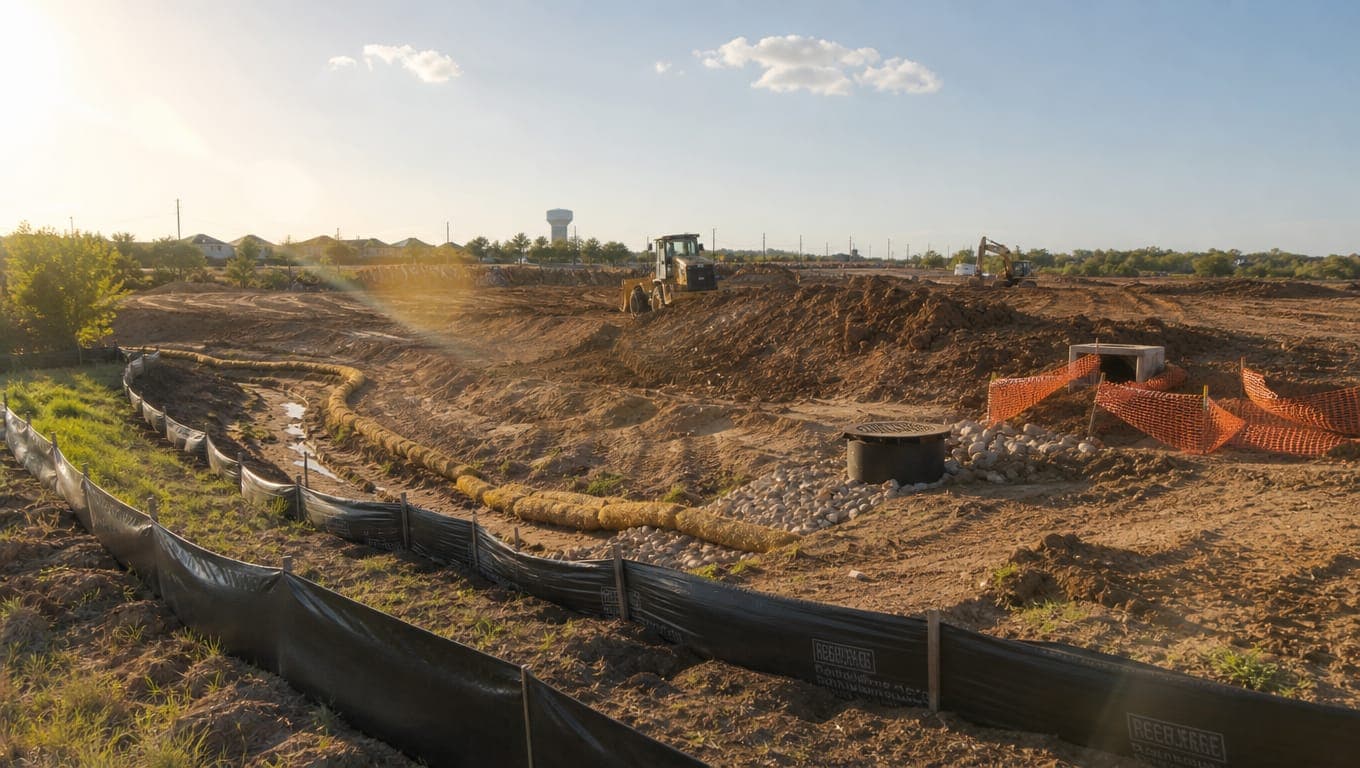 Texas construction site with silt fence and erosion controls installed for TXR150000 TCEQ stormwater permit compliance
