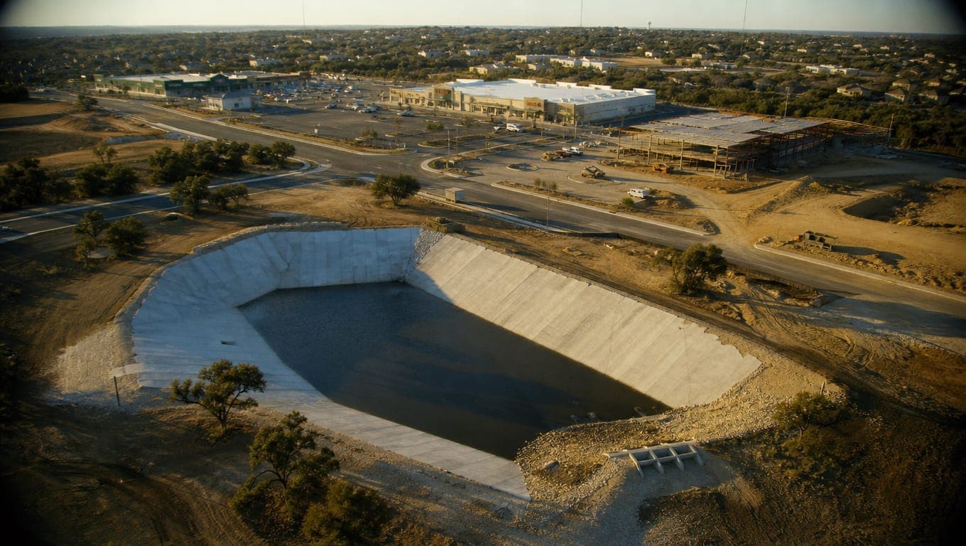 San Antonio commercial site detention basin for stormwater management under UDC 35-504, with graded earthwork and partial paving