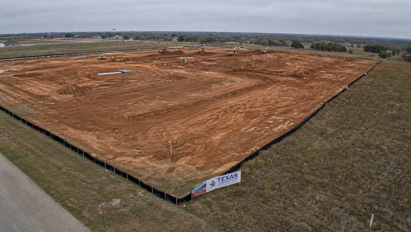 Disturbed construction site soil in Texas with silt fence erosion controls, illustrating SWPPP permit requirements for stormwater compliance